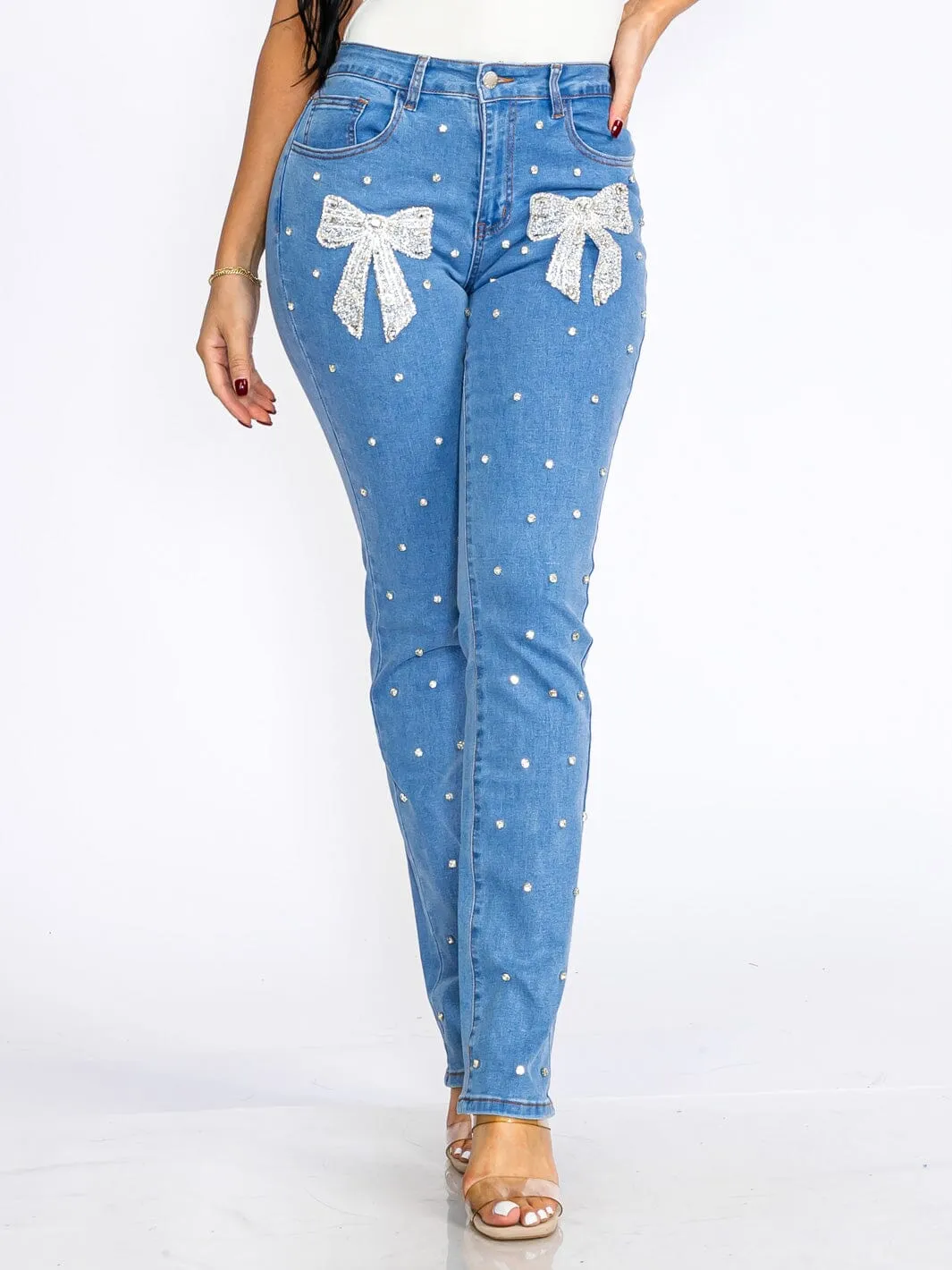 WOMEN'S BUTTON CLOSURE POCKETS STUDS BOW STRETCH DENIM SKINNY JEANS