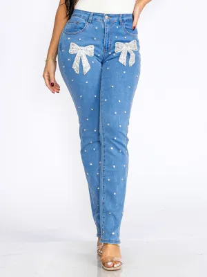 WOMEN'S BUTTON CLOSURE POCKETS STUDS BOW STRETCH DENIM SKINNY JEANS