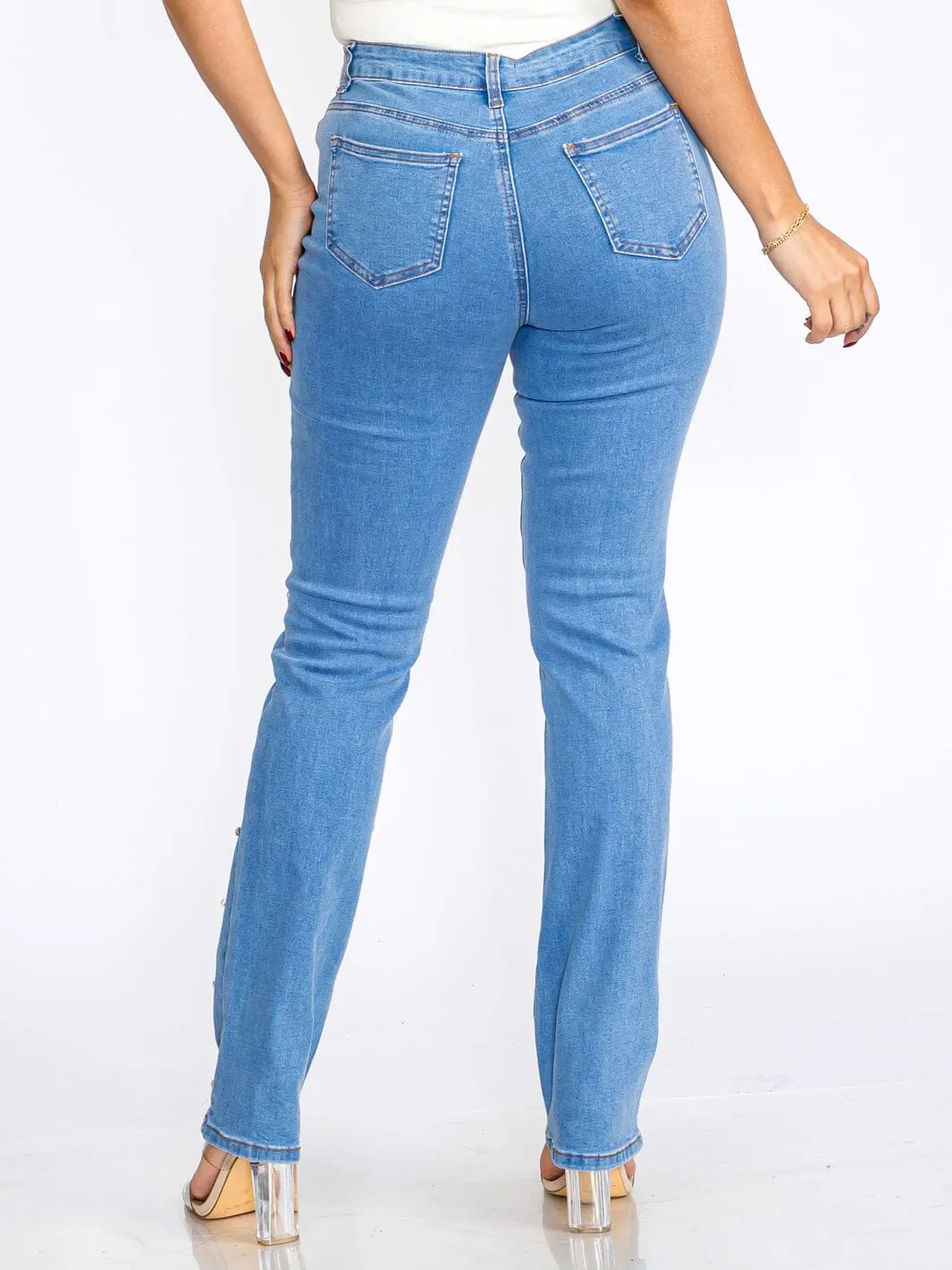 WOMEN'S BUTTON CLOSURE POCKETS STUDS BOW STRETCH DENIM SKINNY JEANS