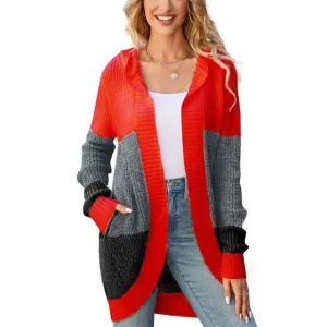 Women's Cardigan Sweater Contrast Color Knitted Sweater Hooded Jacket k628