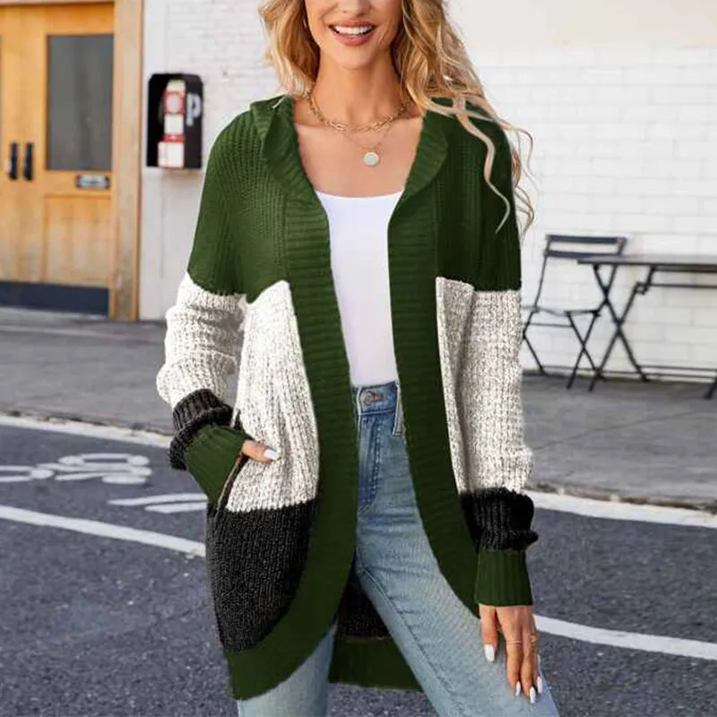 Women's Cardigan Sweater Contrast Color Knitted Sweater Hooded Jacket k628