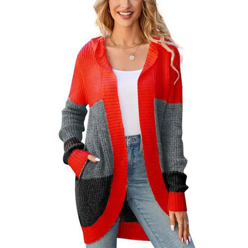 Women's Cardigan Sweater Contrast Color Knitted Sweater Hooded Jacket k628