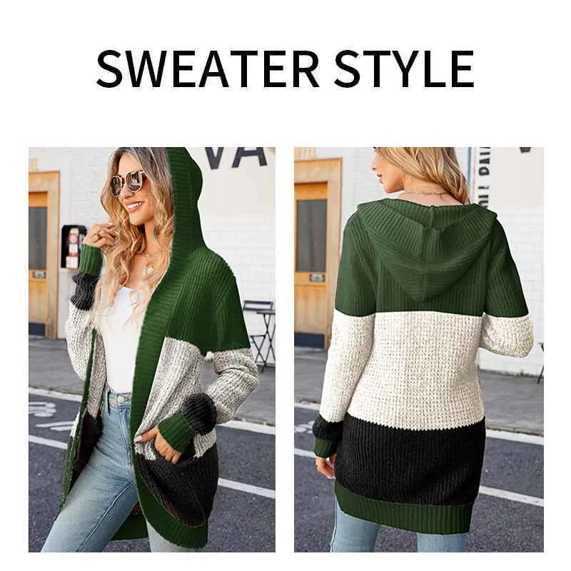 Women's Cardigan Sweater Contrast Color Knitted Sweater Hooded Jacket k628