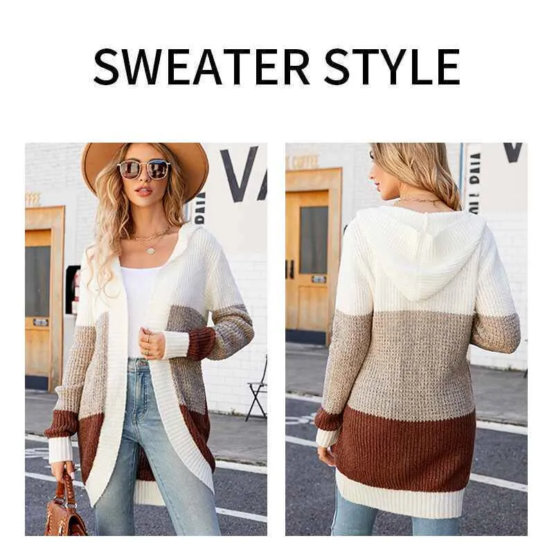 Women's Cardigan Sweater Contrast Color Knitted Sweater Hooded Jacket k628