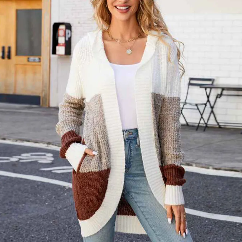 Women's Cardigan Sweater Contrast Color Knitted Sweater Hooded Jacket k628