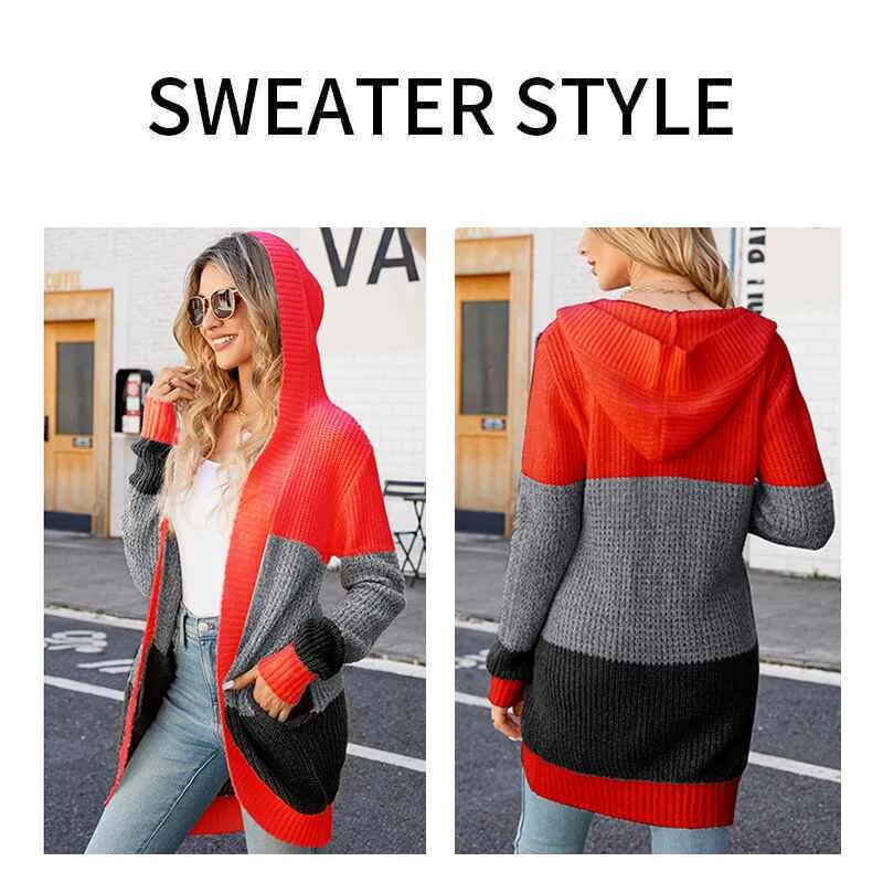 Women's Cardigan Sweater Contrast Color Knitted Sweater Hooded Jacket k628