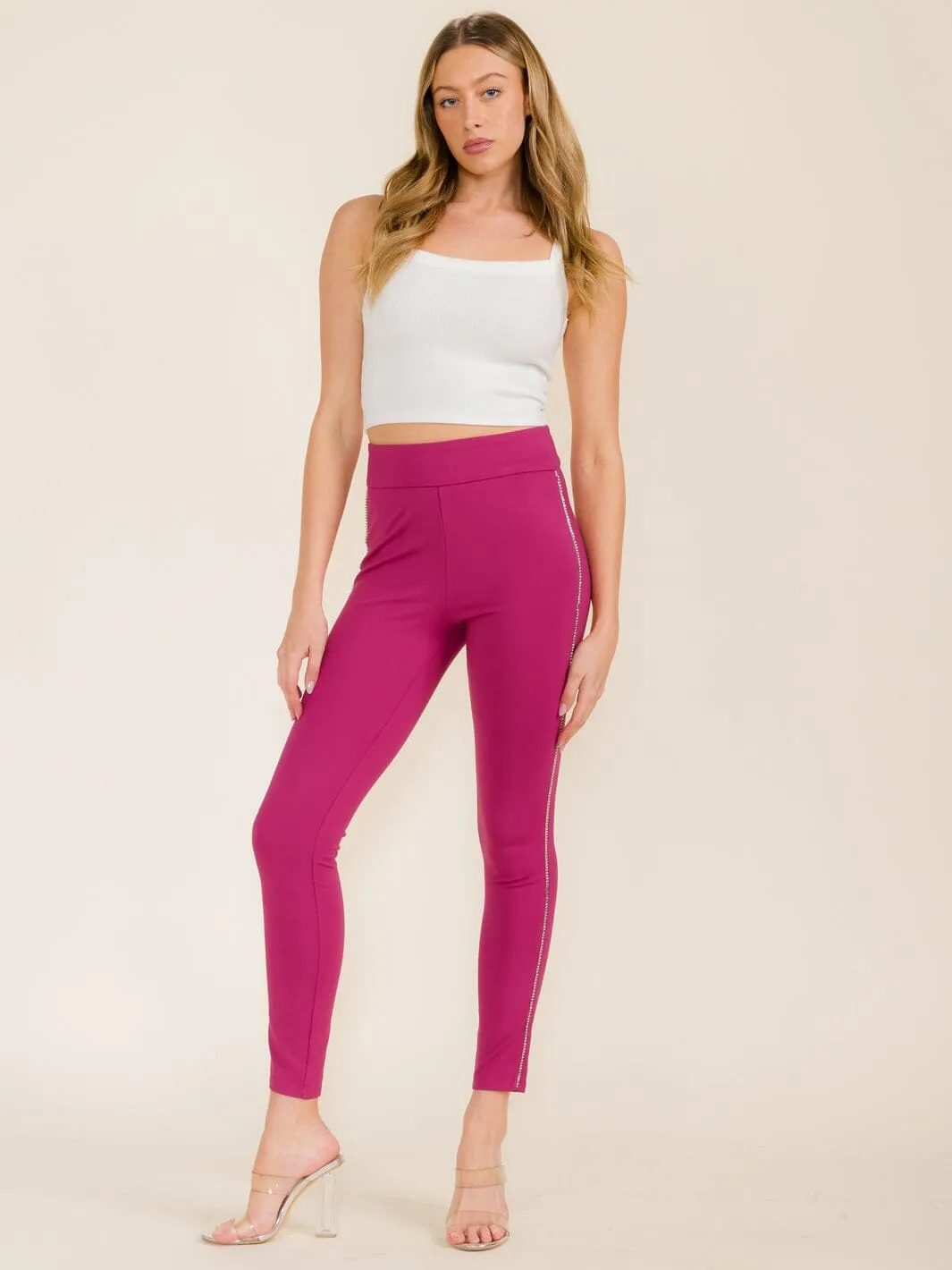 WOMEN'S ELASTIC WAIST STUDS TRIM SKINNY PANTS