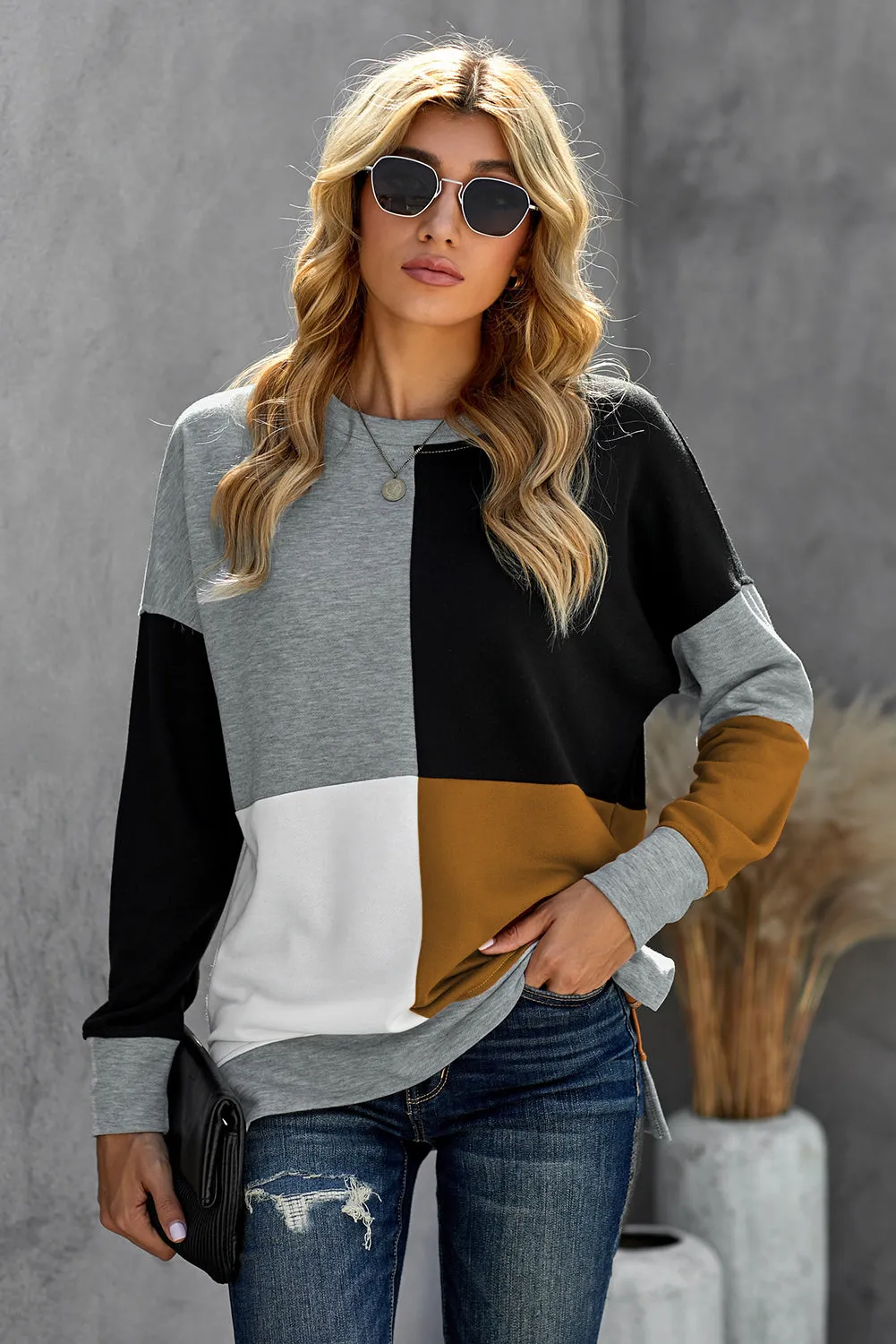 Women's Gray Color Block Round Neck Long Sleeves Pullover Sweatshirt