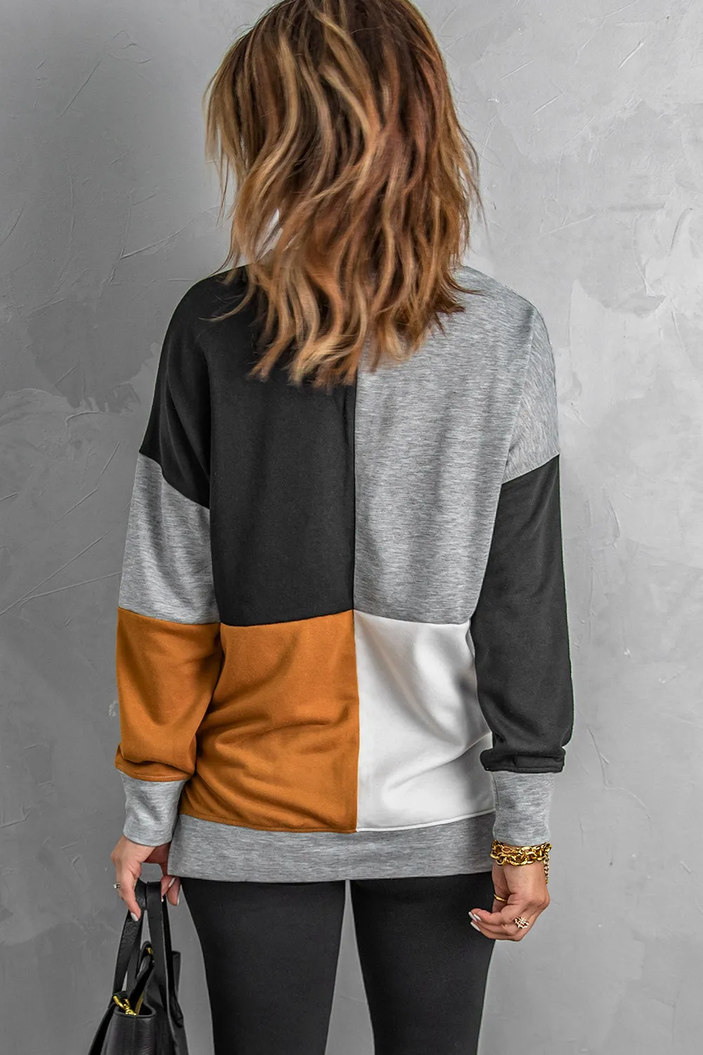 Women's Gray Color Block Round Neck Long Sleeves Pullover Sweatshirt