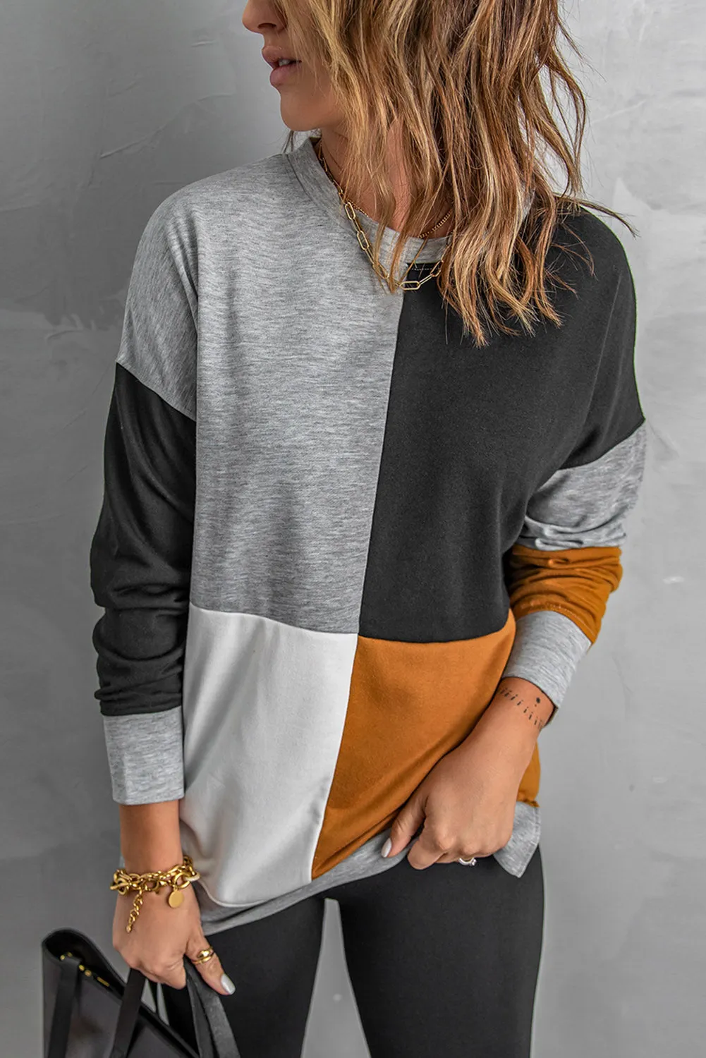 Women's Gray Color Block Round Neck Long Sleeves Pullover Sweatshirt