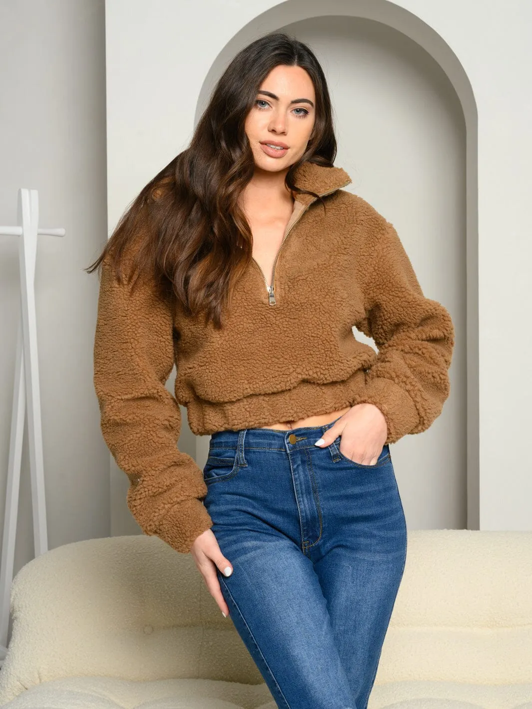 WOMEN'S LONG SLEEVE FUZZY ZIP UP PULLOVER JACKET