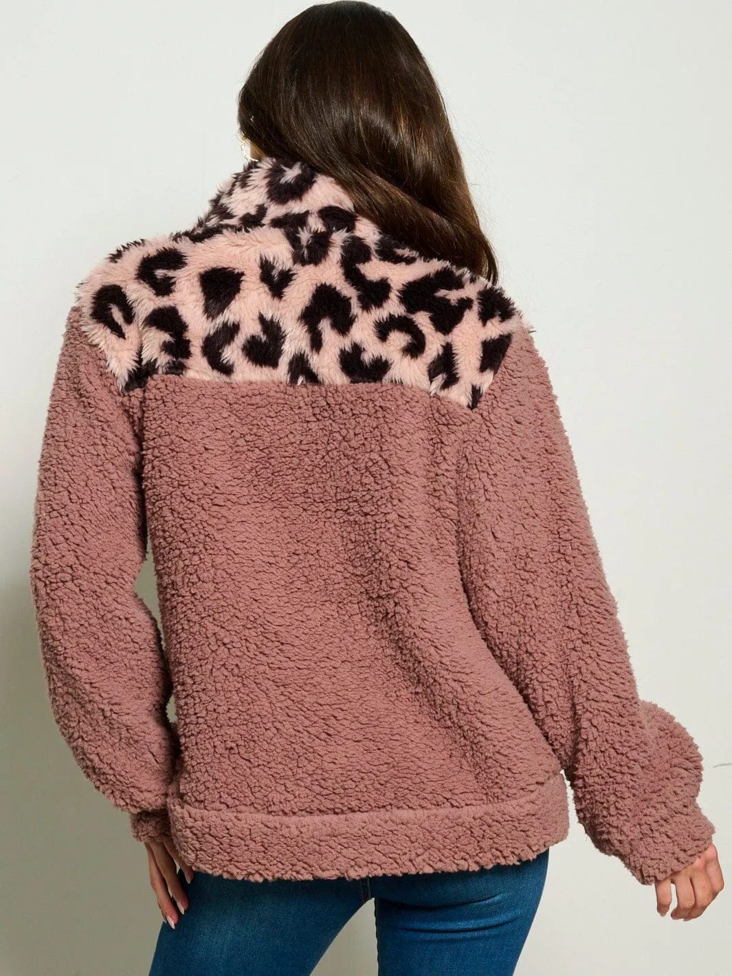 WOMEN'S LONG SLEEVE POCKETS ZIP UP ANIMAL PRINT SHERPA JACKET