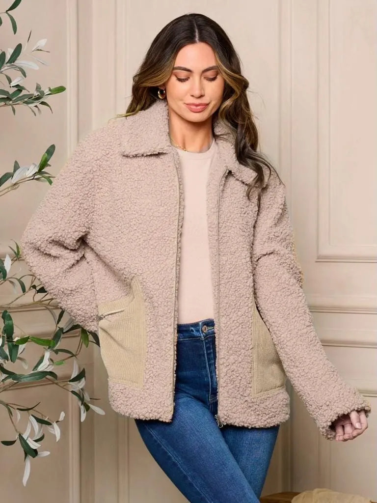 WOMEN'S LONG SLEEVE POCKETS ZIP UP SHERPA JACKET