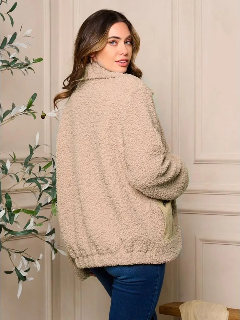 WOMEN'S LONG SLEEVE POCKETS ZIP UP SHERPA JACKET
