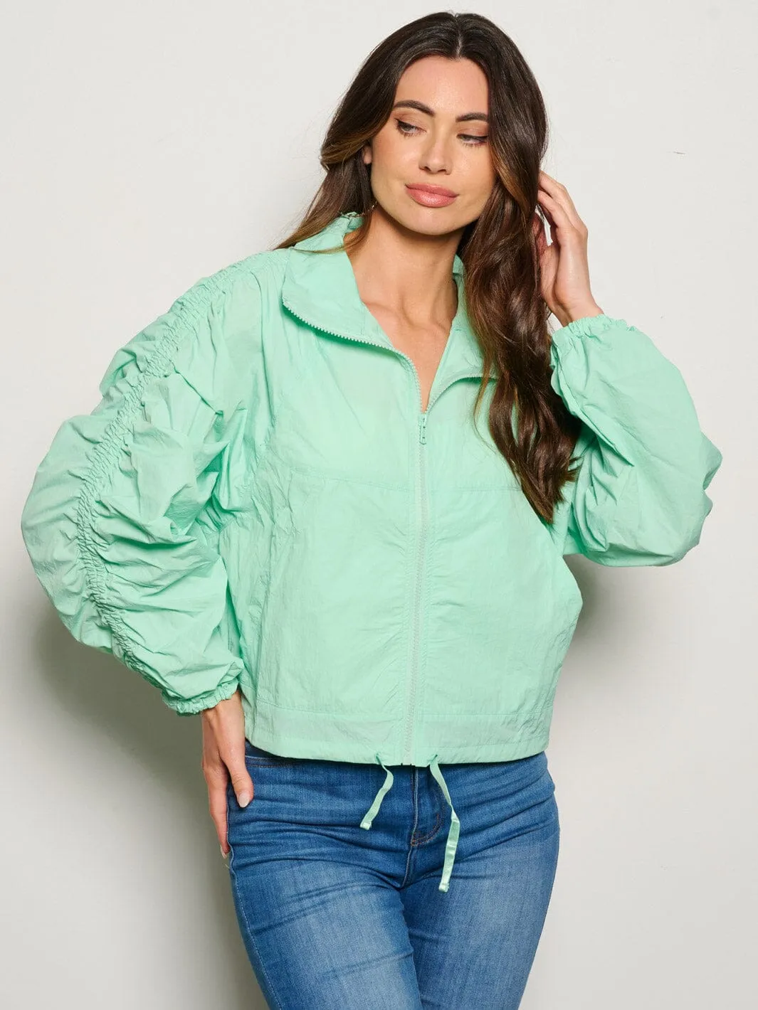 WOMEN'S LONG SLEEVE RUCHED POCKETS ZIP UP JACKET