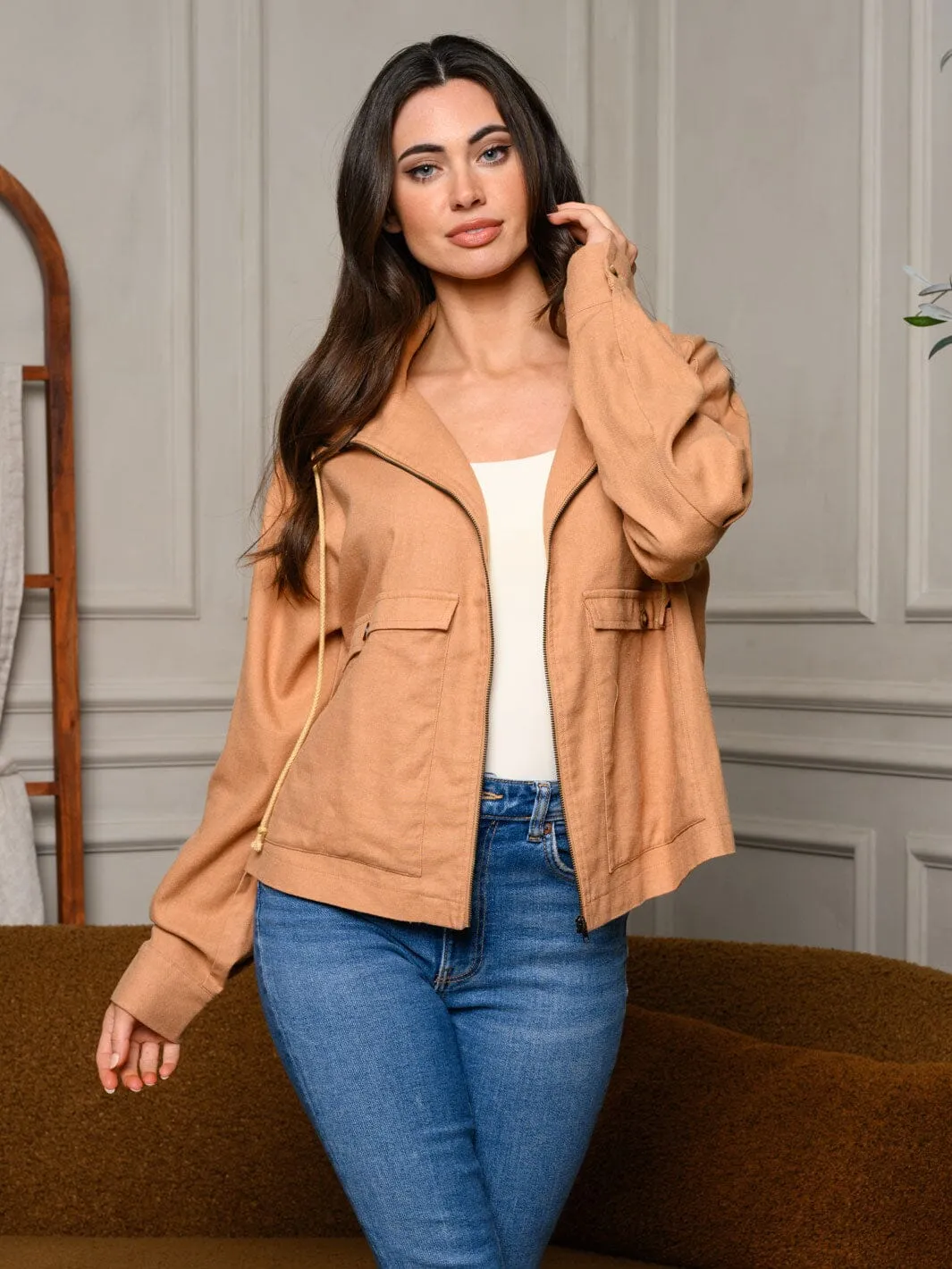 WOMEN'S LONG SLEEVE ZIP UP FRONT POCKETS JACKET