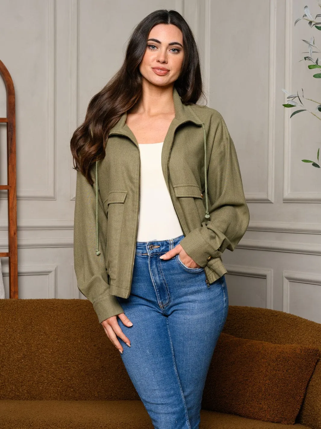 WOMEN'S LONG SLEEVE ZIP UP FRONT POCKETS JACKET