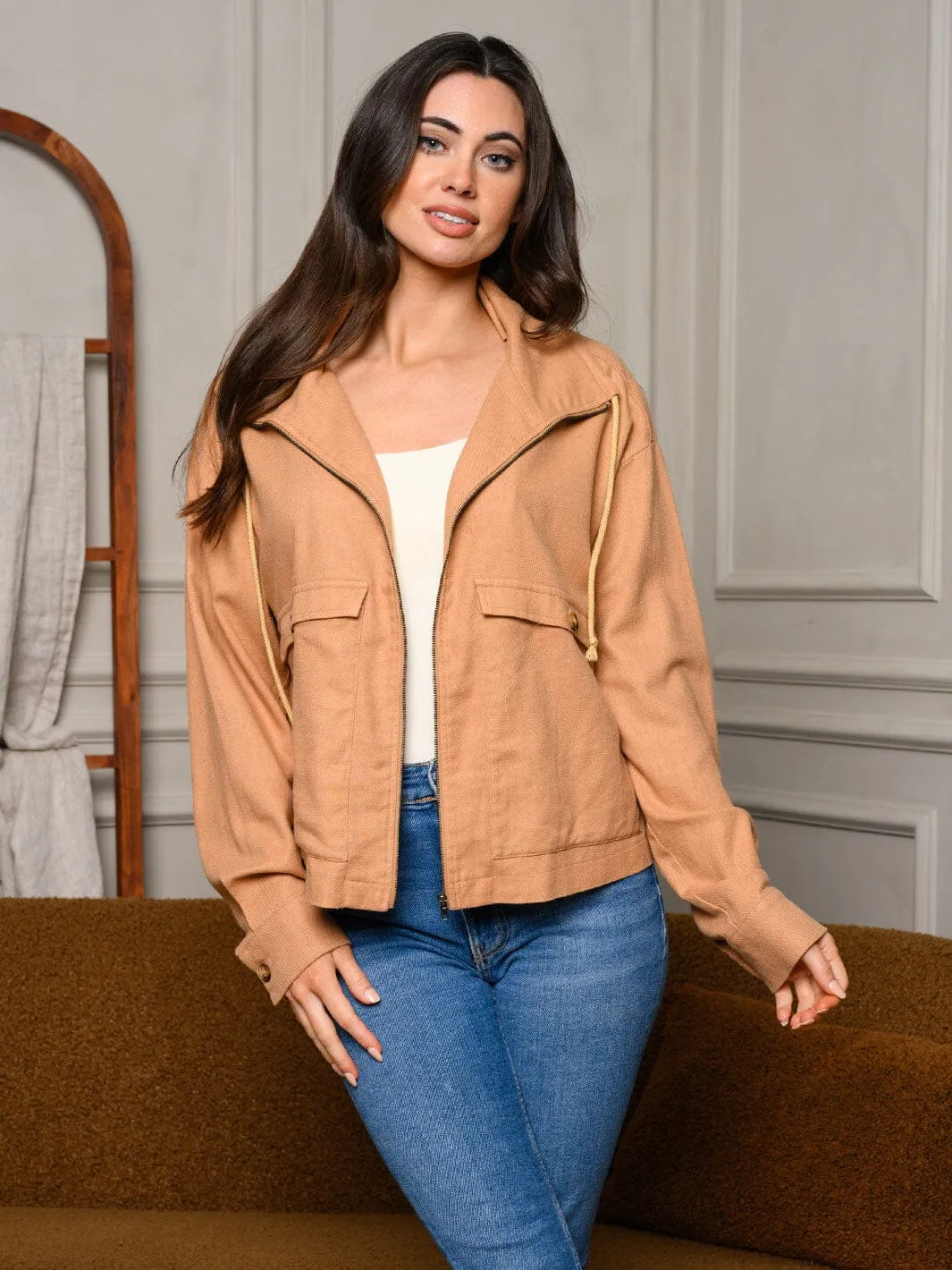 WOMEN'S LONG SLEEVE ZIP UP FRONT POCKETS JACKET
