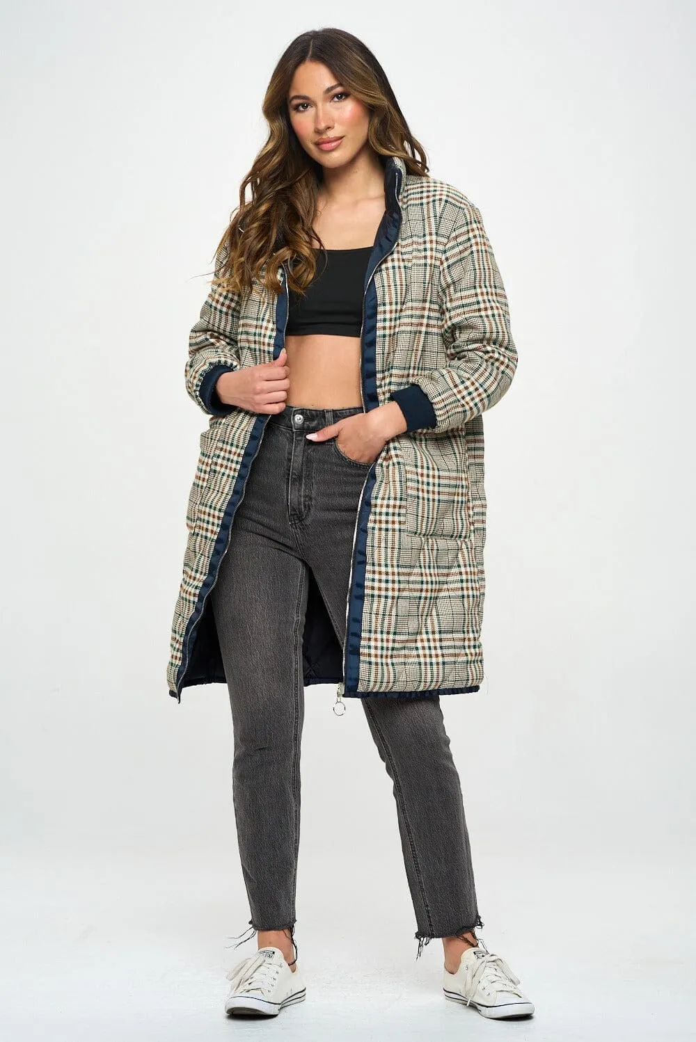 WOMEN'S LONG SLEEVE ZIP UP POCKETS PLAID REVERSIBLE JACKET
