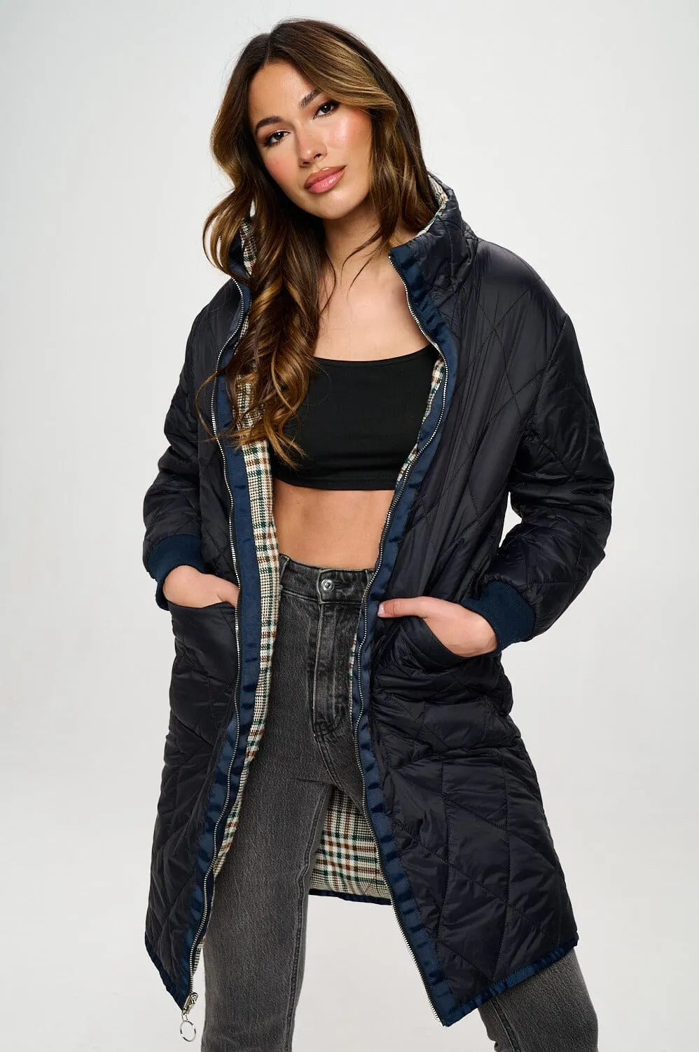 WOMEN'S LONG SLEEVE ZIP UP POCKETS PLAID REVERSIBLE JACKET