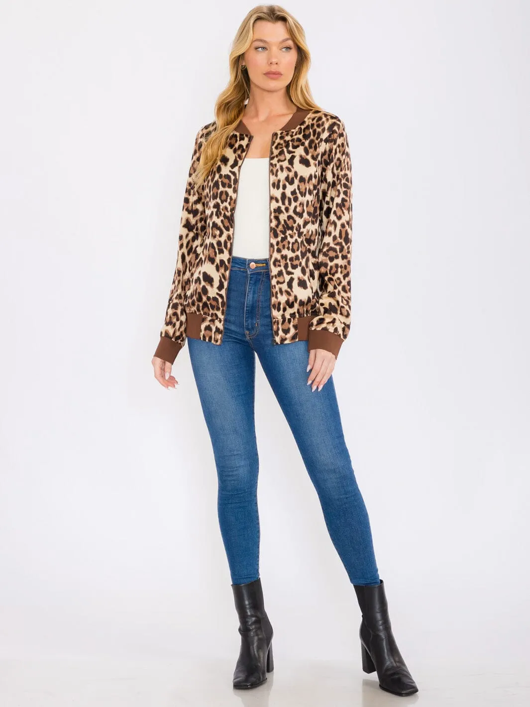WOMEN'S LONG SLEEVES ZIP UP COLORBLOCK ANIMAL PRINT JACKET