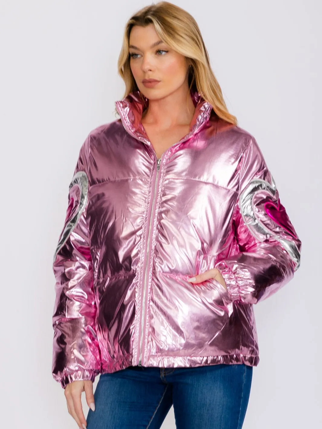 WOMEN'S LONG SLEEVES ZIP UP HEART PRINT METALLIC JACKET