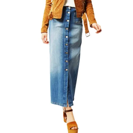 Women's Slim Fit Style Middle-length Denim Skirt With Front Slit