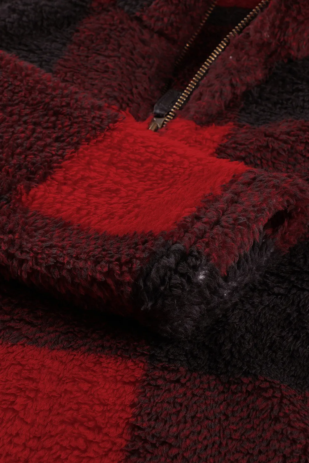 Women's Winter Red Plaid Zip Collar Plush Pullover Sweatshirt