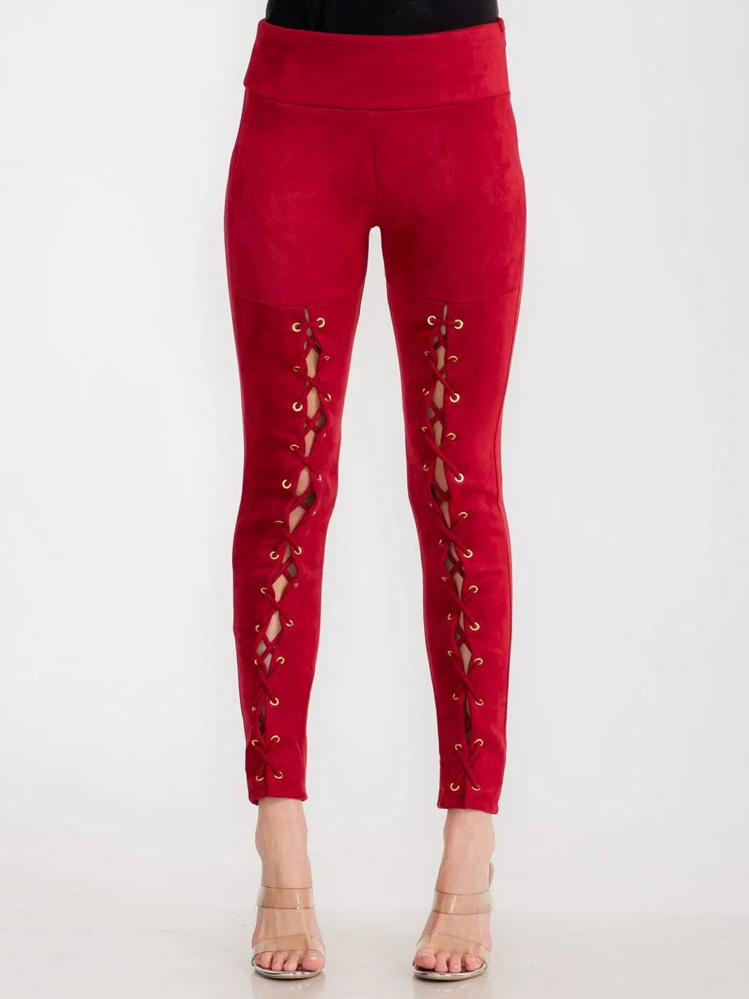 WOMEN'S ZIPPER CLOSURE SKINNY LEG VELVET LACE UP PANTS